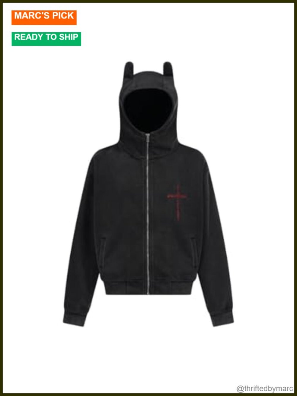Oversized Zip Up Hoodie Devil Horn Hood Gothic Y2K Grunge Streetwear Jacket